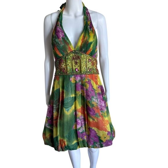 VTG Sue Wong 100% Silk Embellished Beaded Fairy Cocktail Bubble Dress *FLAWED - Picture 2 of 9